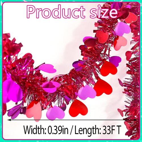 33 Ft Valentines Tinsel Garland Valentines Day Red & Rose Shiny Thick Metallic Heart Garland Valentine's Day Decorations for Valentine Home Indoor Outdoor Anniversary Wedding Hanging Decor Supplies
