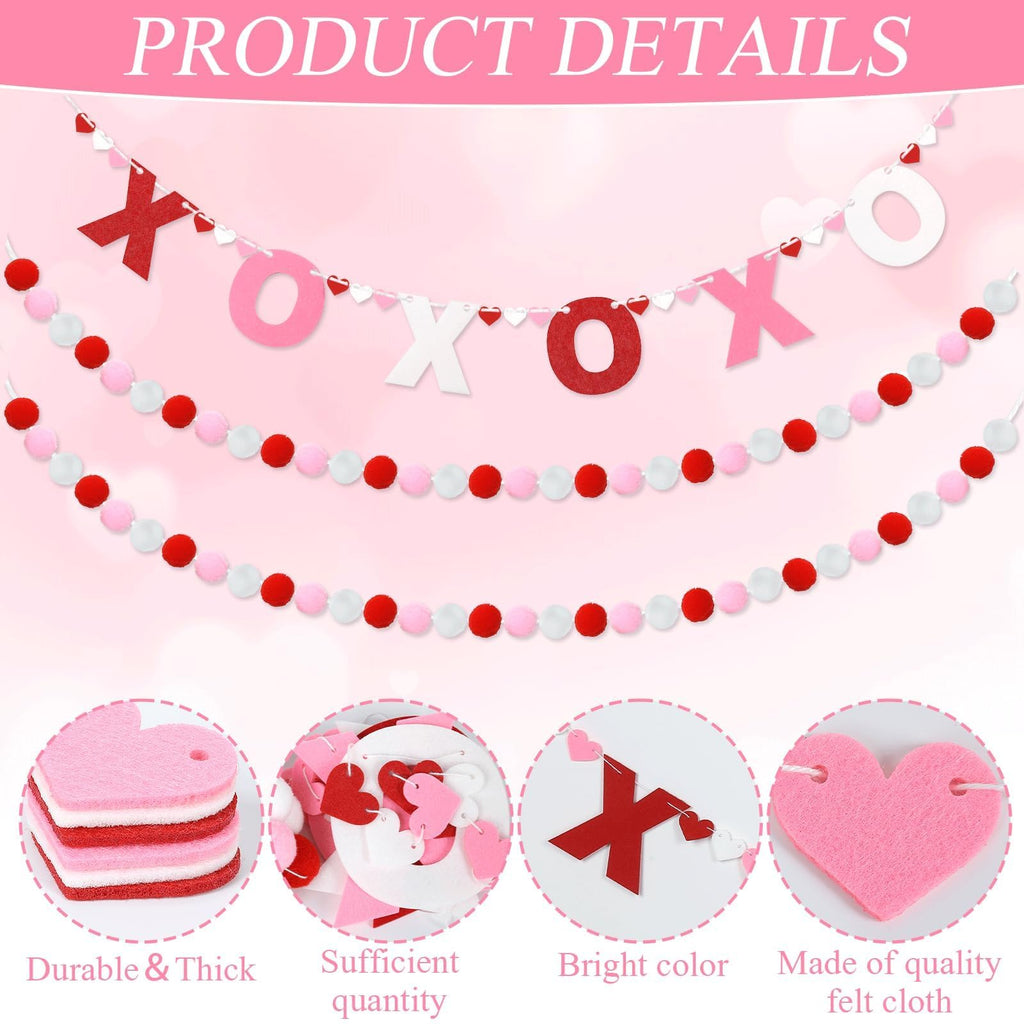QOUBAI 3pcs Valentine's Day Garland Felt Ball Garland 10ft Pompom Garland Valentine Decorations XOXO Felt Ball Banner for Mantle Fireplace Room Valentine's Day Anniversary Engagement Party Supplies