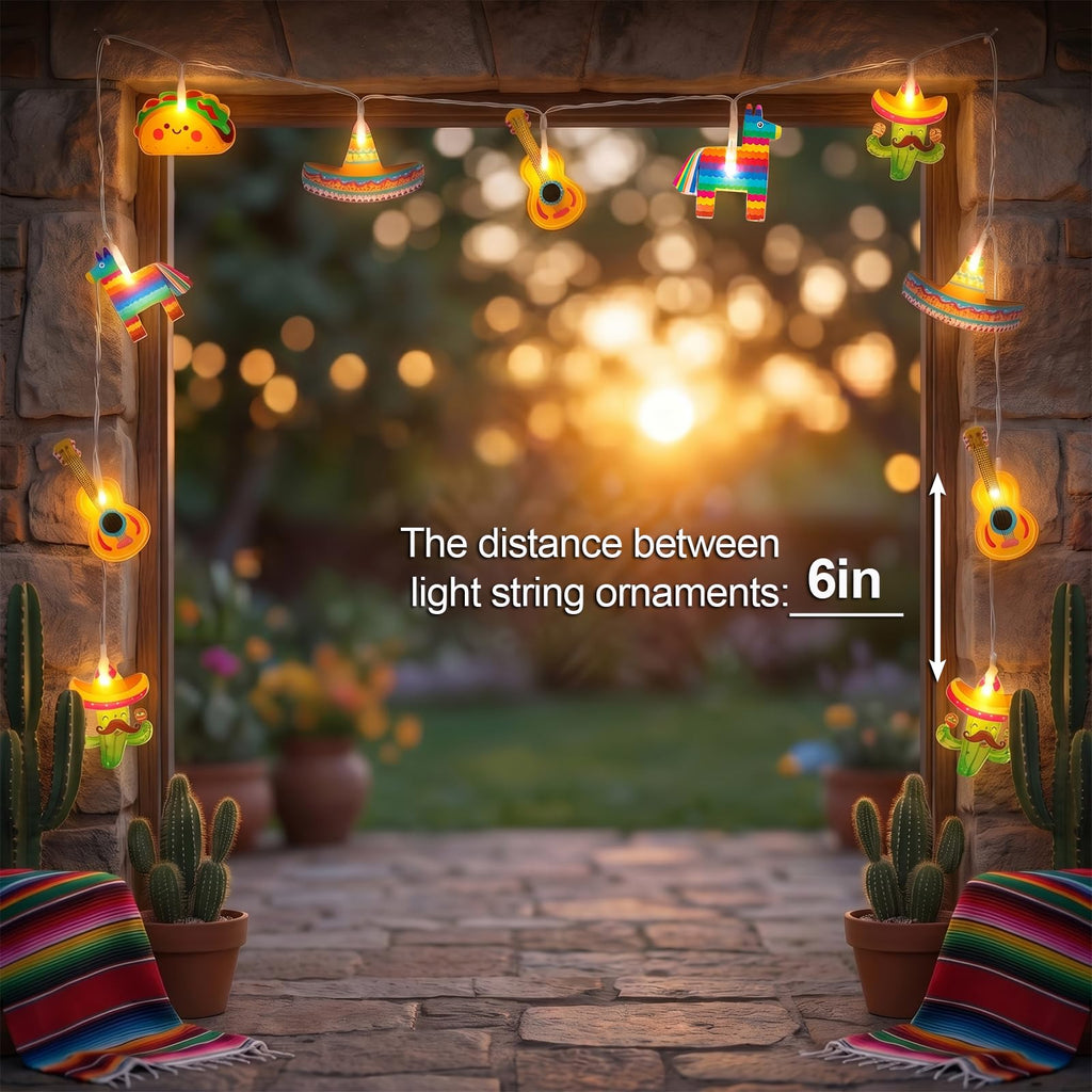 Cinco De Mayo Decorations Mexican Fiesta Theme Party String Lights, Fairy 10Led Battery Operated with Timer, Piñata Guitar Taco Sombrero Hat Cactus with Maracas Shaped Birthday Decor Tree Ornaments