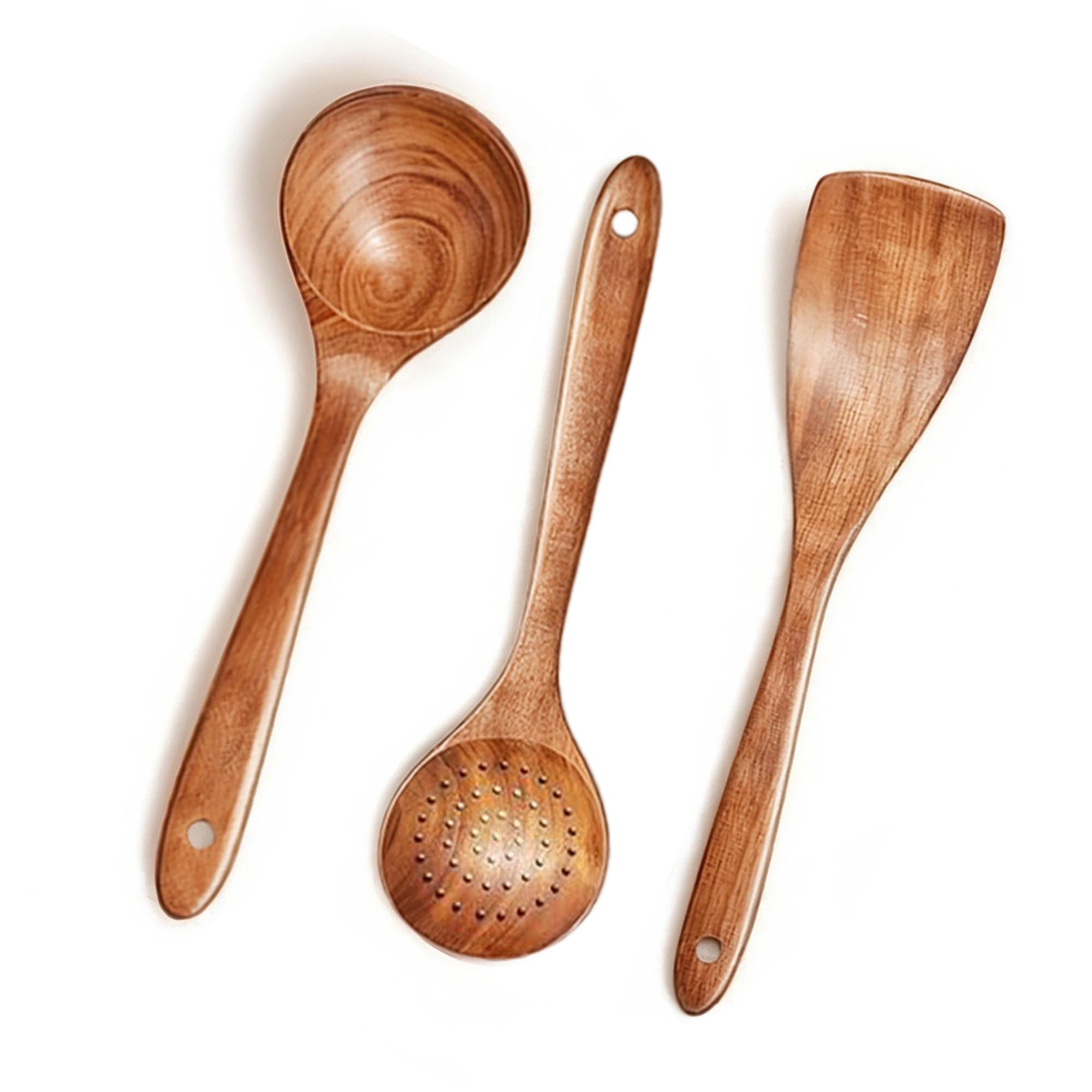 TEGH Wooden Cooking Utensils Set – 3-Piece Teak Wood Spoons and Spatula Set with Holder for Cooking – Durable Non-Toxic Eco-Friendly Wood Kitchen Utensils for Nonstick Cookware