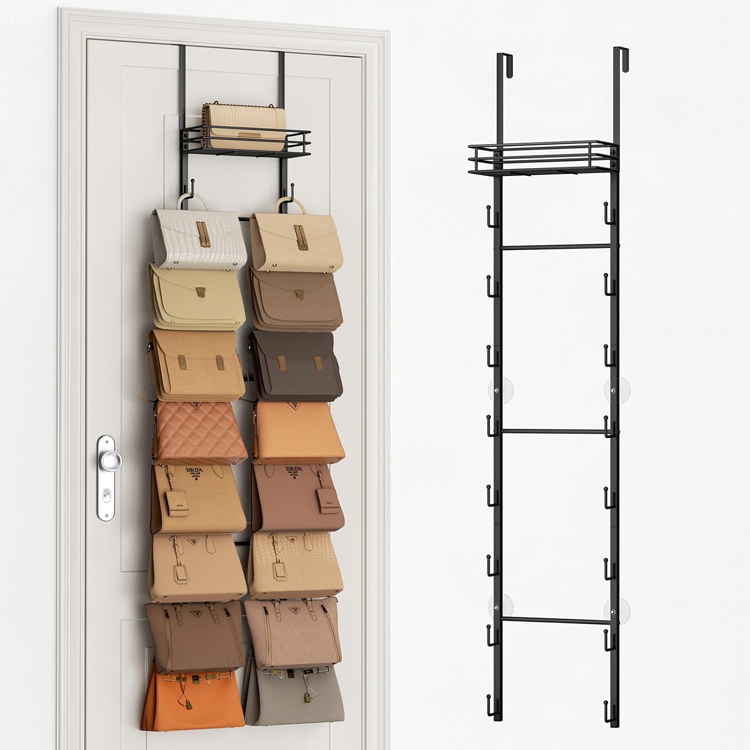SWTYMIKI Over The Door Purse Organizer - Wall-Mounted Handbag Storage Rack with 16 Hooks & Metal Basket