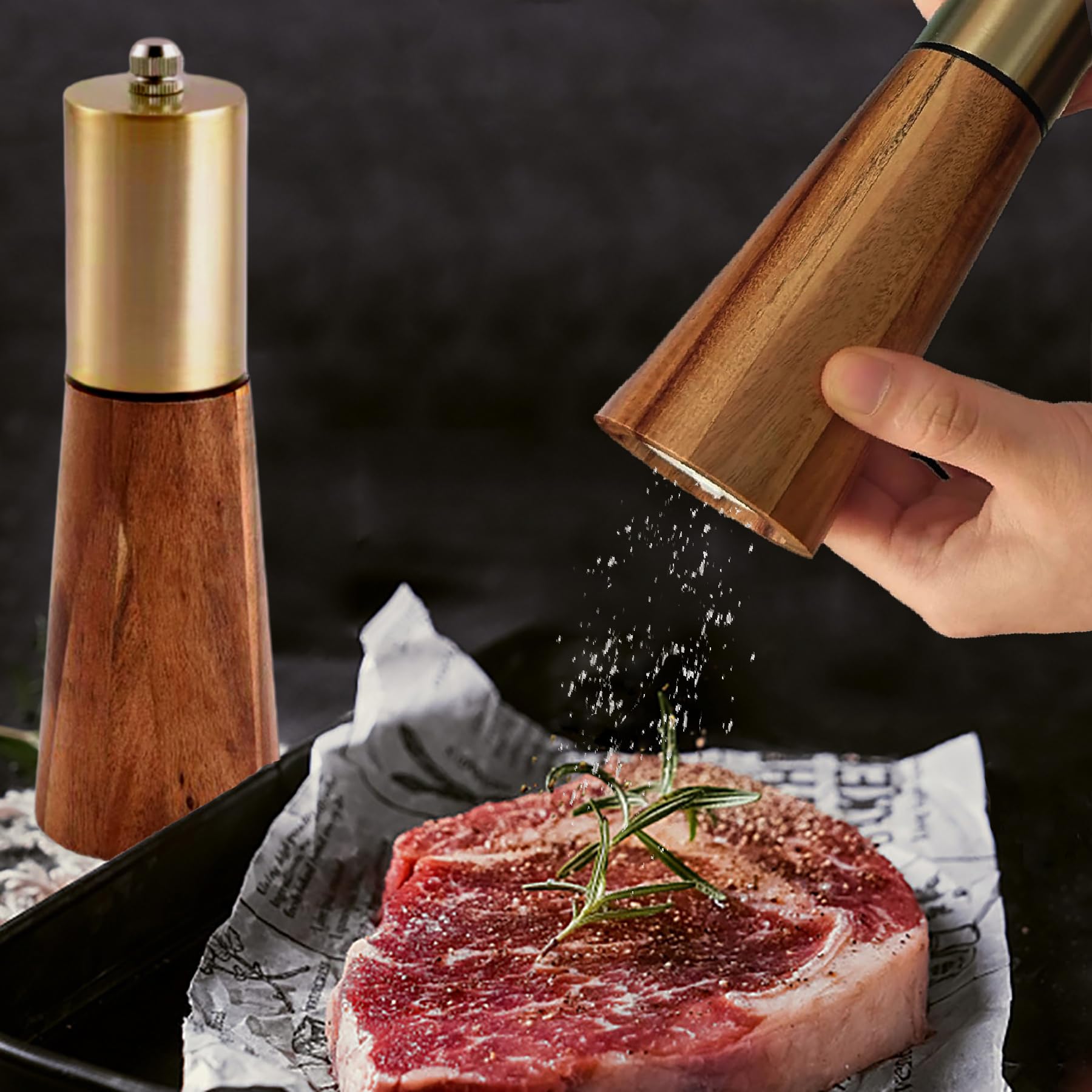 Salt and Pepper Grinder Set Gold Manual Pepper Grinder with Wooden Base, Adjustable Coarseness Refillable Ceramic Blade Grinding Enjoy Fresh Ground Pepper Salts with Spices, 2pcs-7in(7IN-Golden Wood)