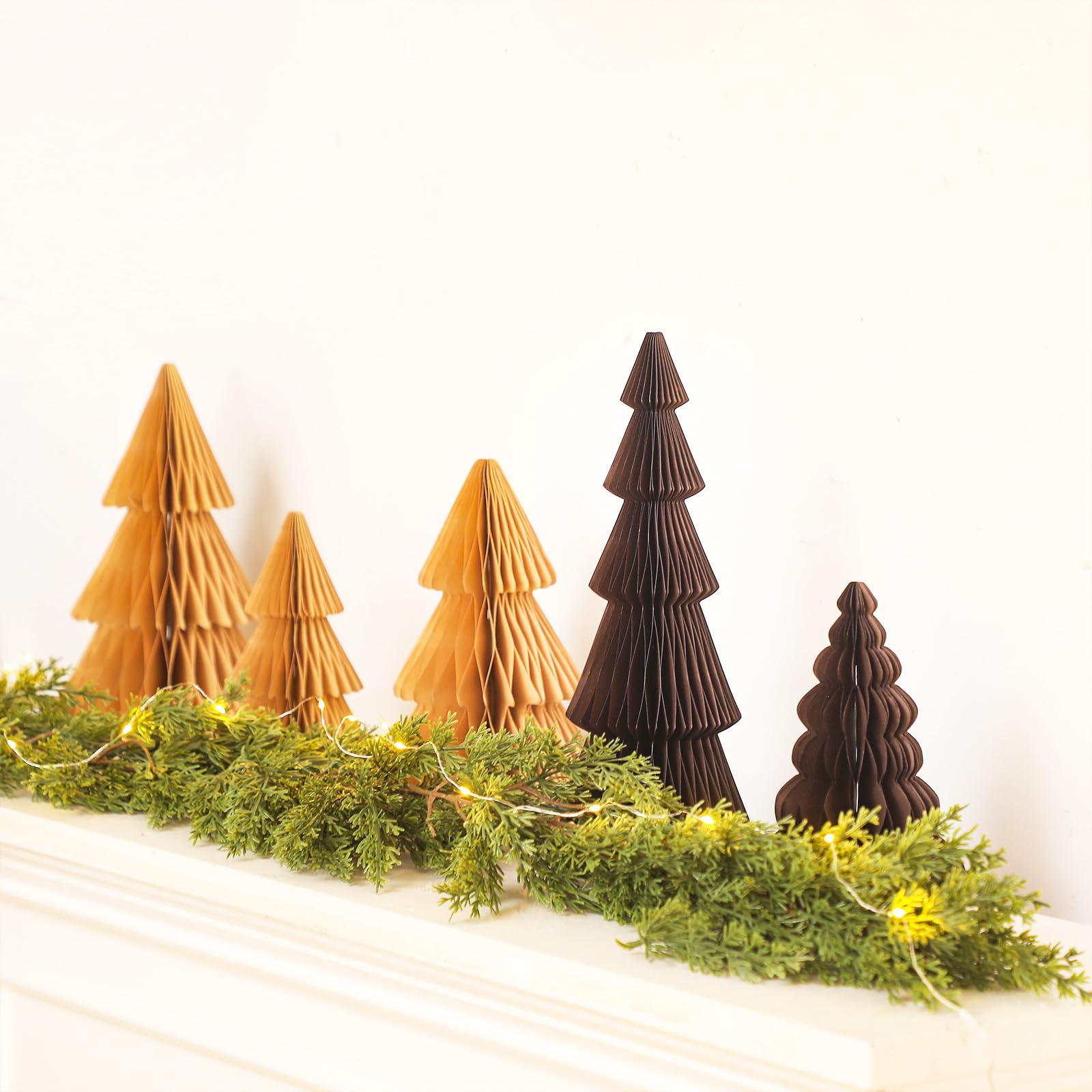 ReliThick 6 Pcs Paper Christmas Tree Decor 3D Honeycomb Trees Table Centerpiece for Modern Christmas Mantel Decorations Home Xmas Holiday Party Decorations (White, Brown)