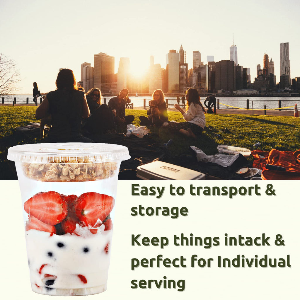 Aatriet [150 SETS 12 oz Clear Plastic Parfait Cups with Insert 3.25oz & Flat Lids No Hole, Yogurt Fruit Parfait Cups for Kids, for Dips and Veggies, Take Away Breakfast and Snacks. No Leaking