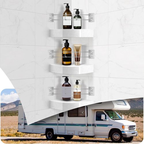 BOYISEN RV Shower Corner Storage Bar - Adjustable 7-13 Inch Stainless Steel Shower Shelves, Space-Saving Corner Shower Rod for Secure Bathroom Storage in RV, Campers, Travel Trailers (3 Pack)