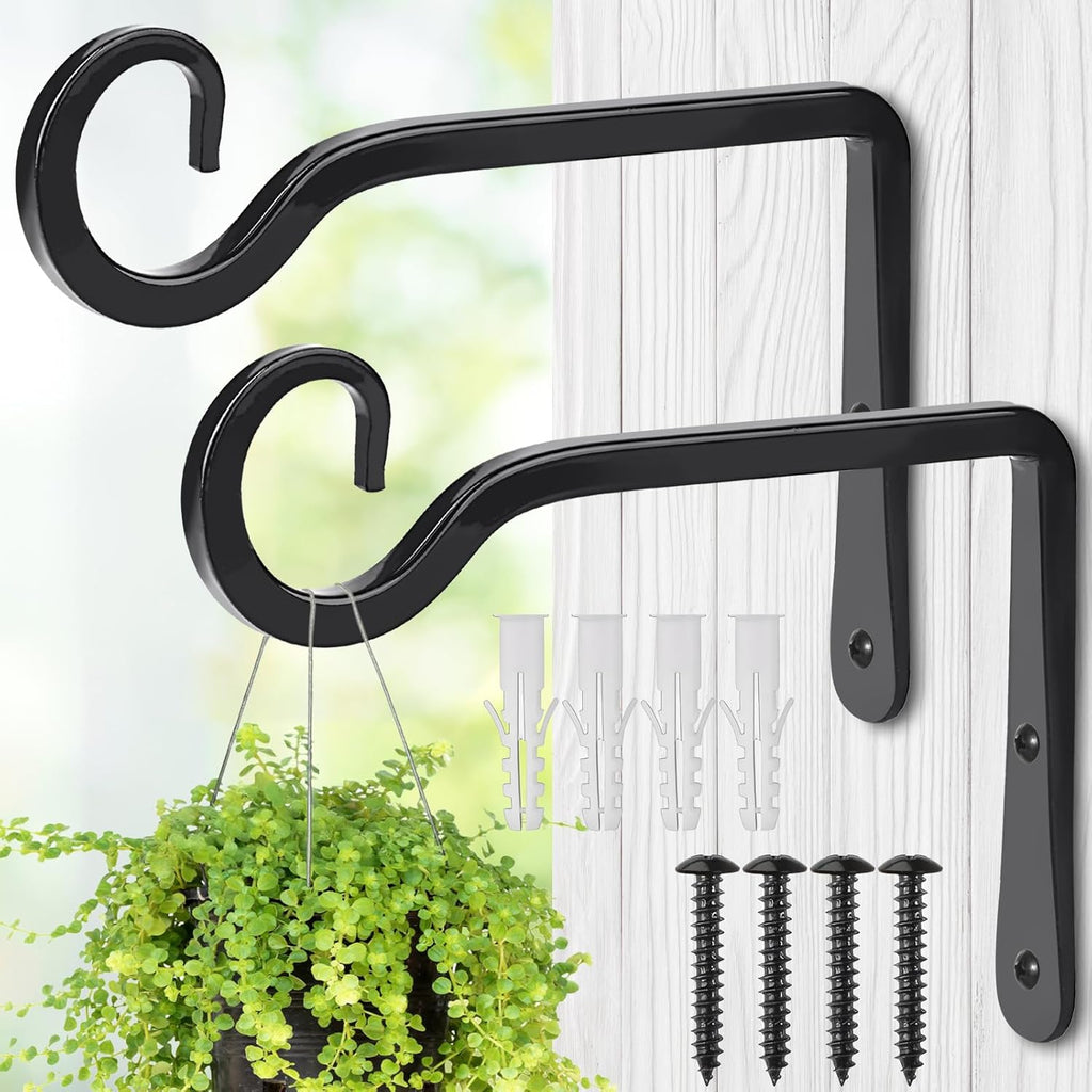 MOWPOG Plant Hangers - 6-Inch Metal Hooks for Outdoor & Indoor Use | 2-Pack Black Wall Brackets