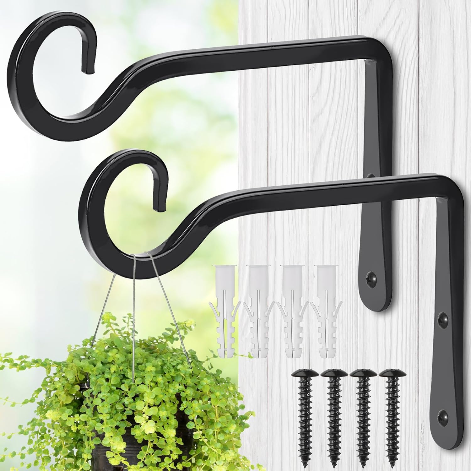 MOWPOG Plant Hangers - 6-Inch Metal Hooks for Outdoor & Indoor Use | 2-Pack Black Wall Brackets