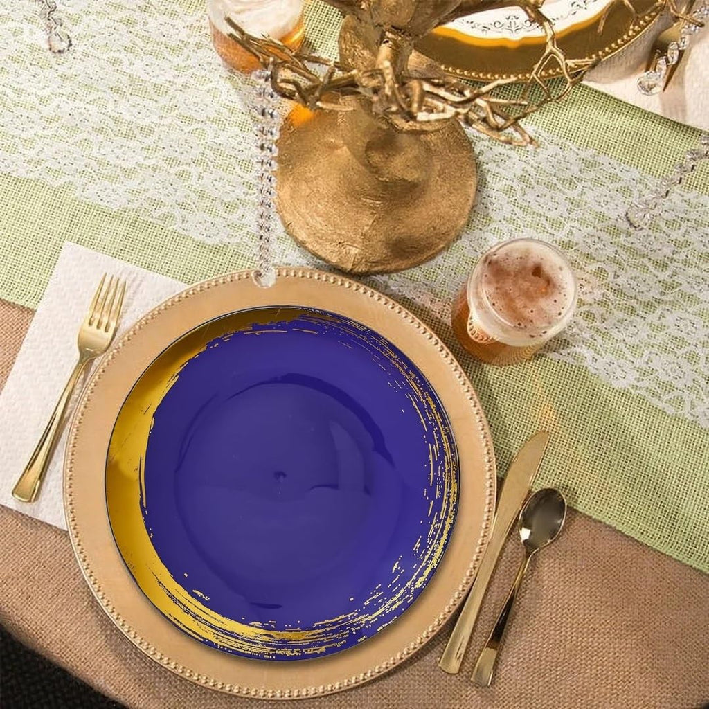 Silver Spoons Elegant Blue Disposable Plastic Dinner Plates with Brushed Gold Rim - 10.25" (Pack of 10) - Ideal for Weddings, Parties & Special Occasion