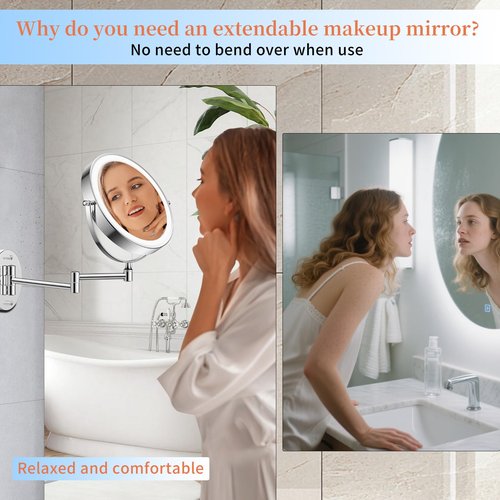 FUNTOUCH 30X/1X Wall Mounted Lighted Makeup Mirror, 5000mAh Rechargeable 9" Double Sided Magnifying Bathroom Mirror, 3 Color Modes Touch Dimmable Extended Arm 360 Rotation with Adapter,Chrome