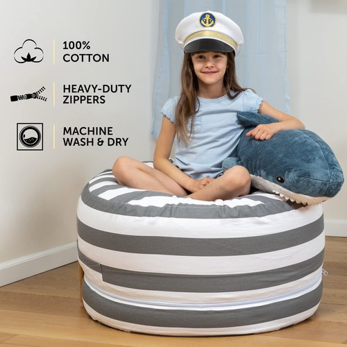 SMART WALLABY Stuffed Animal Storage Bean Bag Chair | 2 Sizes in 1 | 100% Cotton Washable Kids’ Plush Toys Organizer | XL to XXL Expandable Premium Soft Toys Pouf Royal Grey