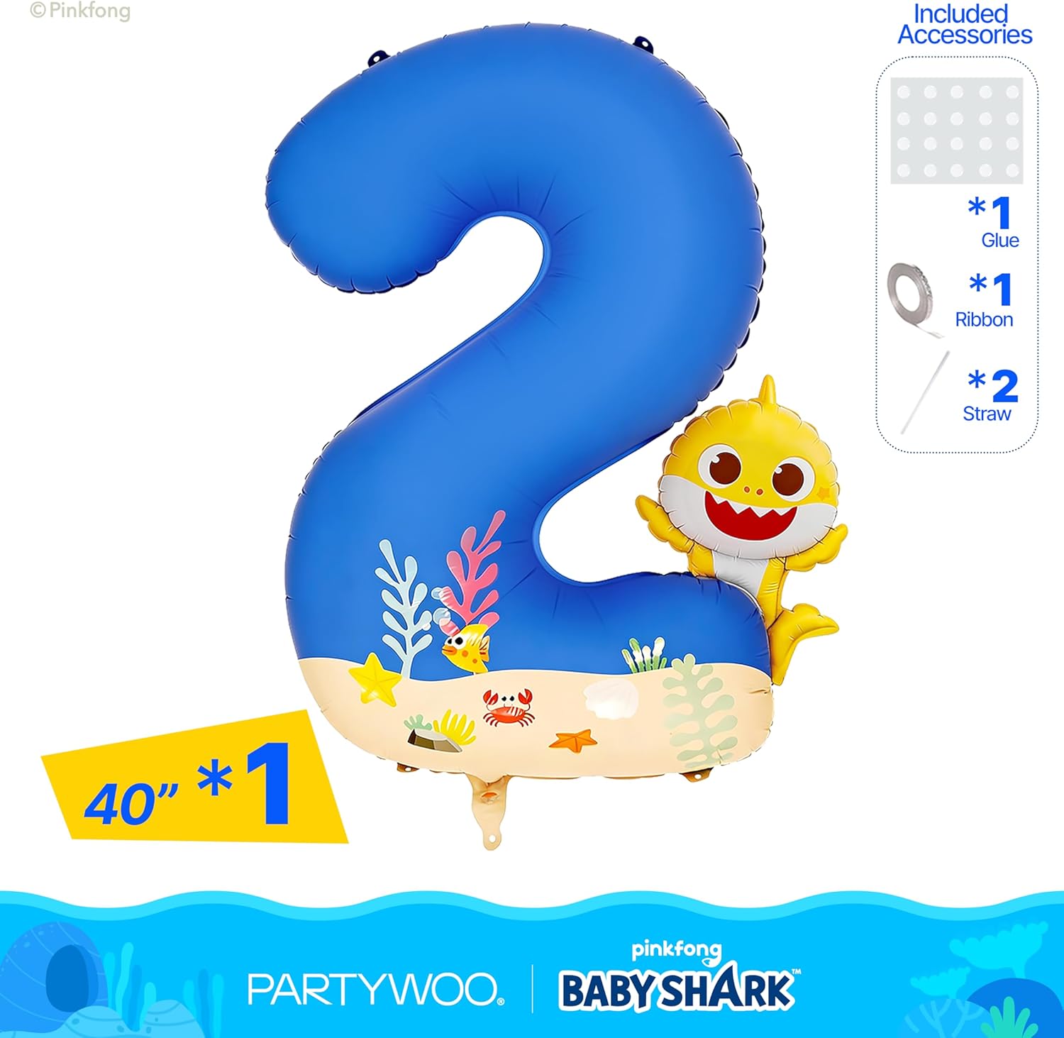 PartyWoo Blue Foil Number 2 Balloon - 40 Inch Mylar Helium Birthday Decoration for Kids' Ocean Theme Party