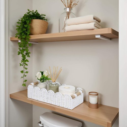 CubesLand Scalloped Edge Toilet Paper Storage Basket - Cozy Home Decor | White with 2 Wooden Handles