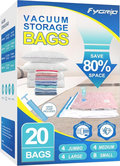 Fygrip Vacuum Storage Bags - Space-Saving Seal Bags with Hand Pump for Clothing & Travel | 20 Combo Set