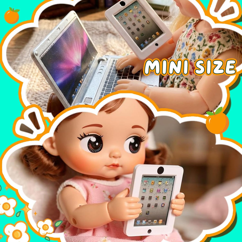 Skiennix Mini Laptop & Tablet Set - 3 Pack Dollhouse Computer Accessories for 1/6 & 1/12 Scale Silver
