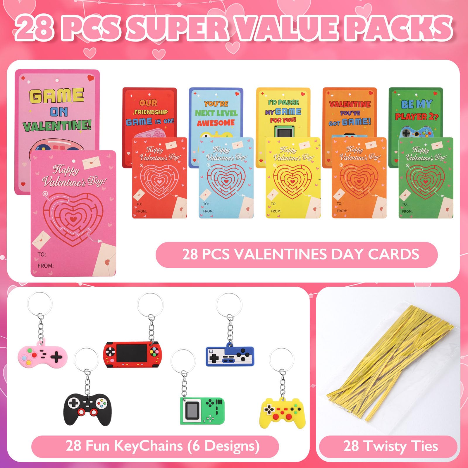 LIANORIST Valentines Day Cards for Kids School, 28 Pcs Video Game Keychains, Valentines Day Gifts for Kids Party Favors, Class Valentines Prizes Treasure Box Gifts Must Haves Treat Goodie Bag Stuffers