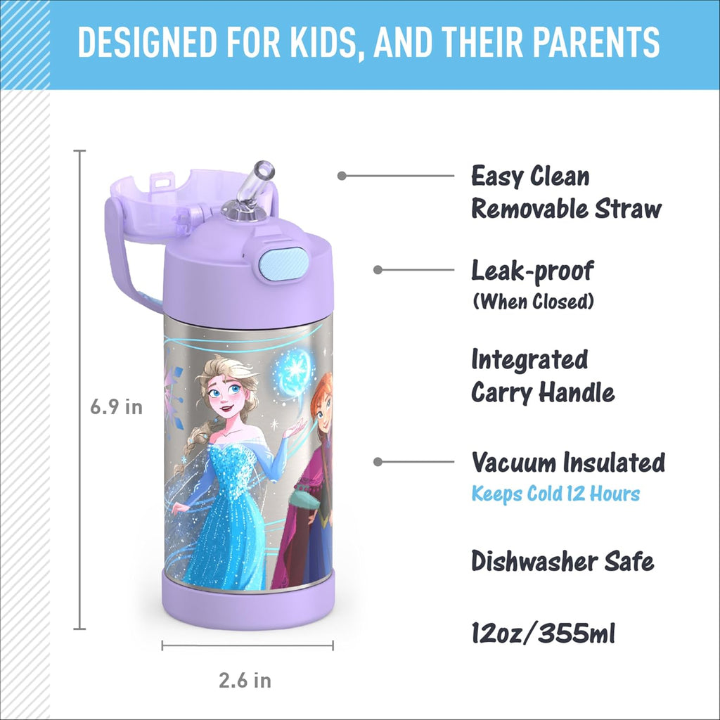 THERMOS FUNTAINER Water Bottle - 12 Ounce Stainless Steel Insulated Bottle with Straw | Frozen 2 Design