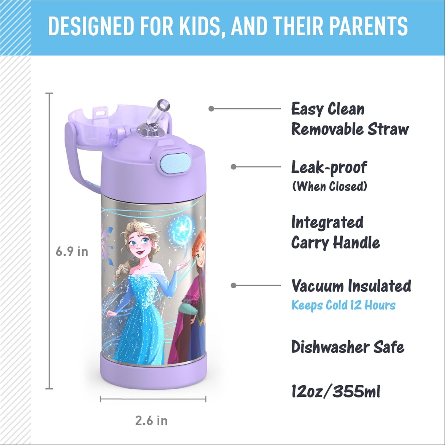 THERMOS FUNTAINER Water Bottle - 12 Ounce Stainless Steel Insulated Bottle with Straw | Frozen 2 Design