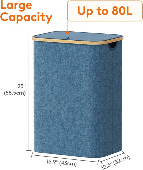 Lifewit 80L Laundry Basket - Foldable Clothes Hamper with Lid & Bamboo Handles | Dark Blue