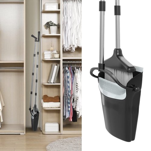 Broom with Dustpan Combo Set 54” Long Handle Household Dust Pan for Home Office Kitchen Cleaning （Black & Grey）
