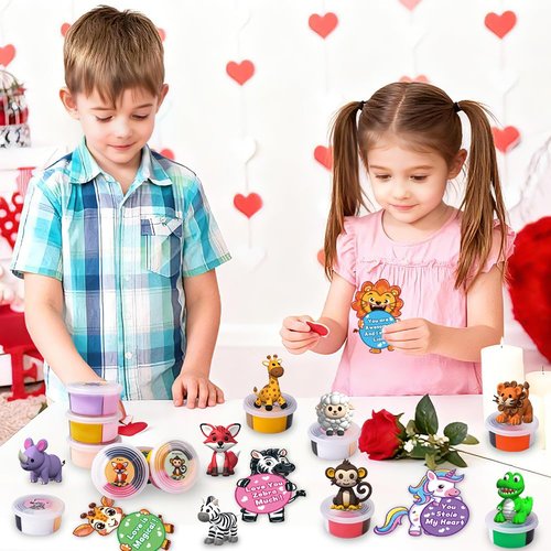 Celltestria Valentines Day Gifts Toys for Kids 12pcs Animal Air Dry Clay DIY Kit with Cards for Boys Girls Easter Party Favors Classroom School Prize Rewards Birstday Gifts Exchange