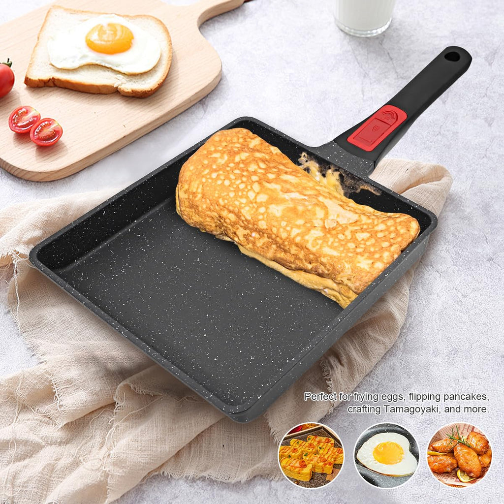 AIKENBBKK Tamagoyaki Japanese Omelette Pan, Japanese Egg Pan, Square Egg Pan Nonstick, Induction-Ready, Detachable Handle, with Silicone Spatula, PFAS & PFOA-Free, Oven Safe, Black, 9" x 8.2"