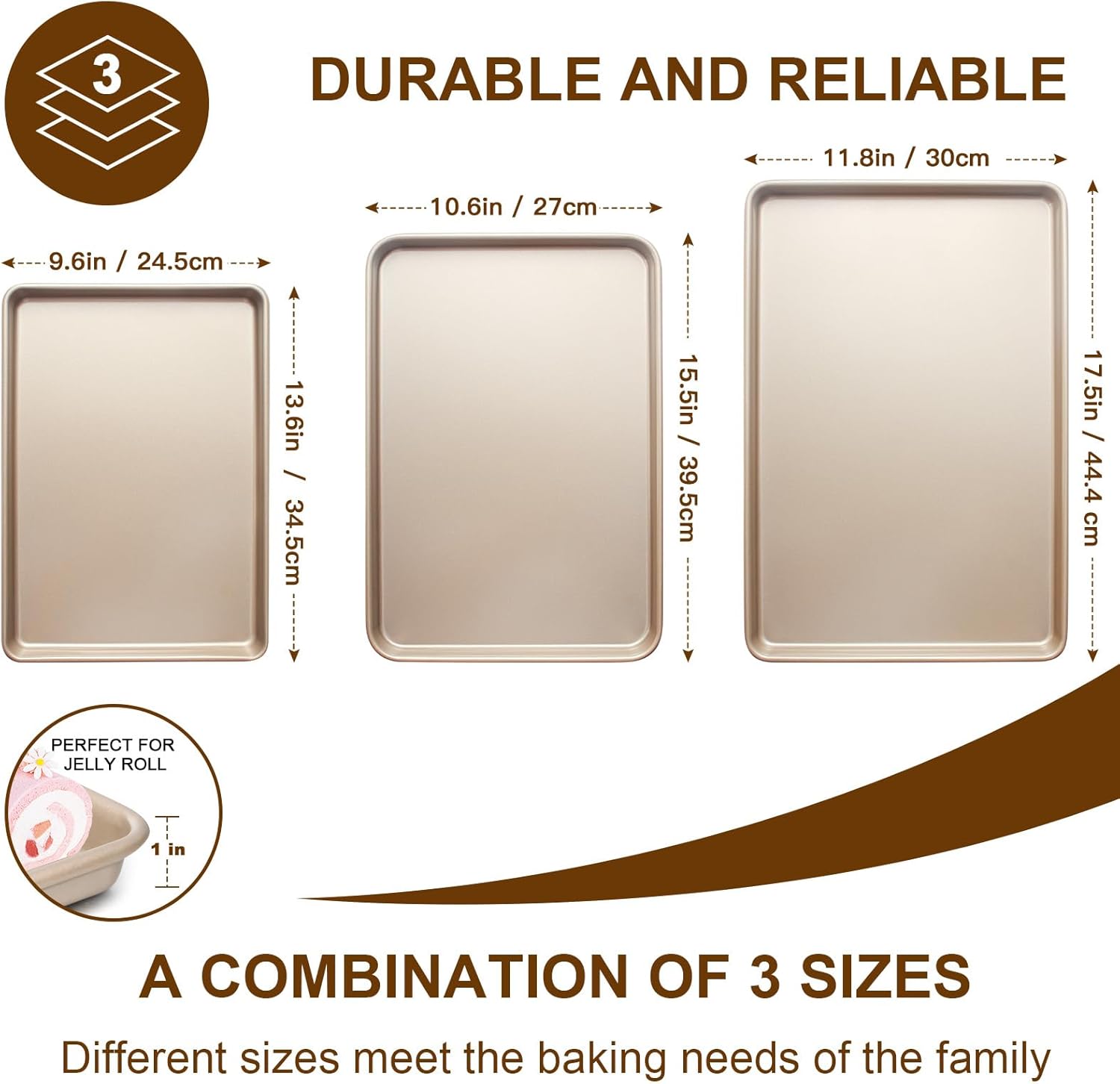 Skiennix Baking Sheet Pan Set - Nonstick Heavy Duty Cookie Sheets | 3 Sizes in Champagne Gold