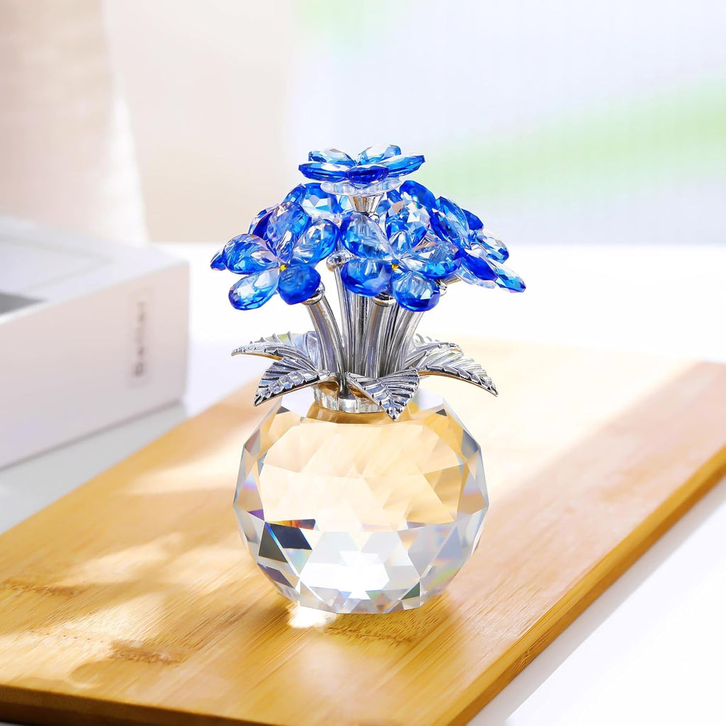 YWHL Blue Crystal Forget-Me-Not Flowers | Handmade Glass Bouquet Figurine for Tabletop Decor