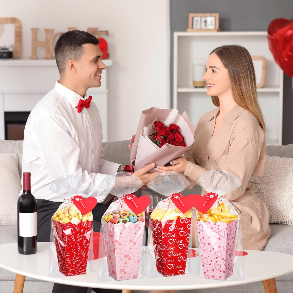 Gueevin 144 Pcs 48 Set Valentine's Day Popcorn Boxes Valentines Party Favor, Valentines Popcorn Boxes Red Pink Heart Cookie Gift Bucket with Bags, Ribbon and Card for Valentine Galentine Home Movie