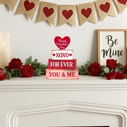 OLANRUN Valentines Day Decorations - 4 Pack Wooden Block Heart Set Signs Valentines Day Table Decor - 7.8 Inch Valentine's Decorations for Home Office Bedroom Tiered Tray Fireplace Mantel