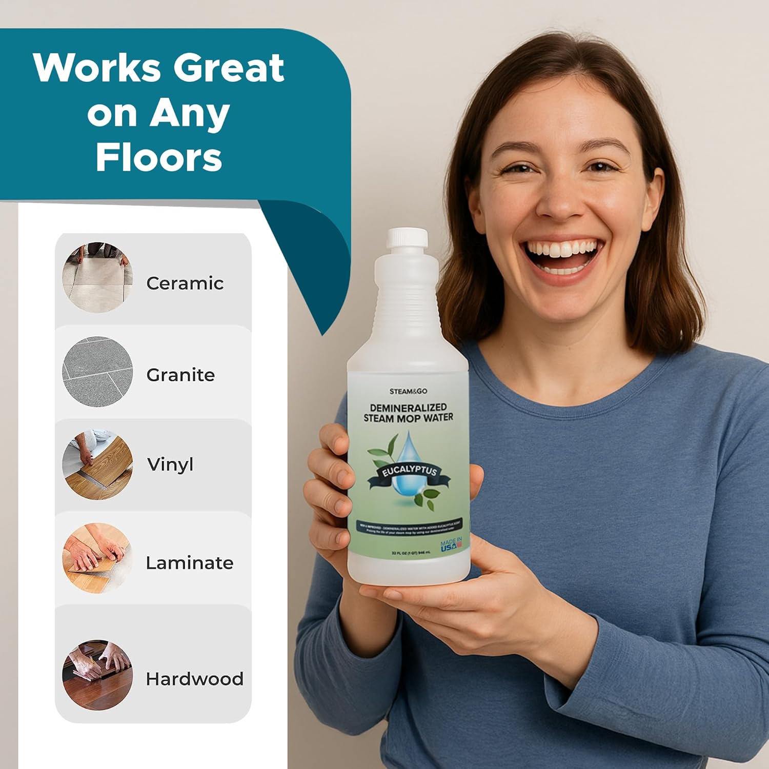 Steam & Go Demineralized Water - Eucalyptus Mint Multi-Surface Cleaner | 32 oz Ready-to-Use Solution
