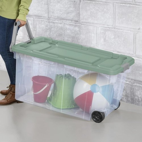 Extra Large Wheeled Storage Bin - 160 Quart Clear Container with Latch Lid & Pull Handle | Light Green, 2 Pack