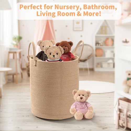 Happyiren 2-Pack Extra Large Cotton Rope Hamper Baskets – 15"x18" Oversized Woven Storage Bins for Blankets, Toys, Dirty Clothes – Pink & Beige Decorative Hamper for Nursery, Living Room, Laundry Room