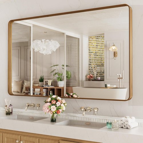 LOAAO Bathroom Mirror - 60x28 Inch Rounded Rectangle with Wood Grain Metal Frame | Anti-Rust, Versatile Hanging Options