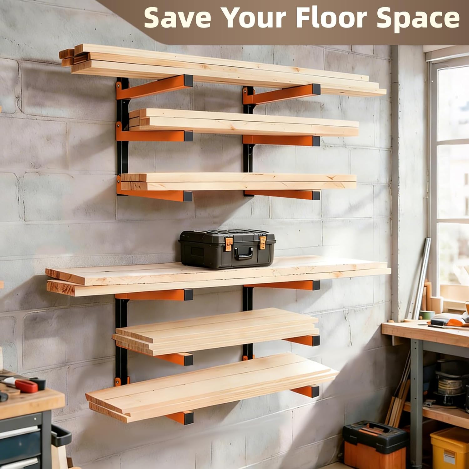 Skiennix Wall Mounted Lumber Storage Rack - Heavy Duty Steel Organizer for Garages & Workshops
