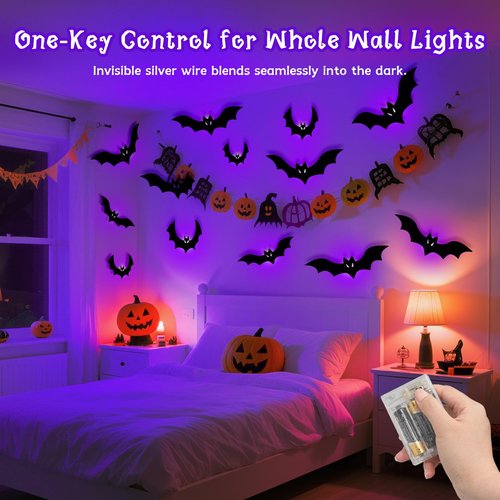 Kelumi Halloween Bats Fairy Lights Wall Decor, 20 Packs Lighted Bats Stickers with Timer Halloween Party Wall Window Indoor Home Decorations