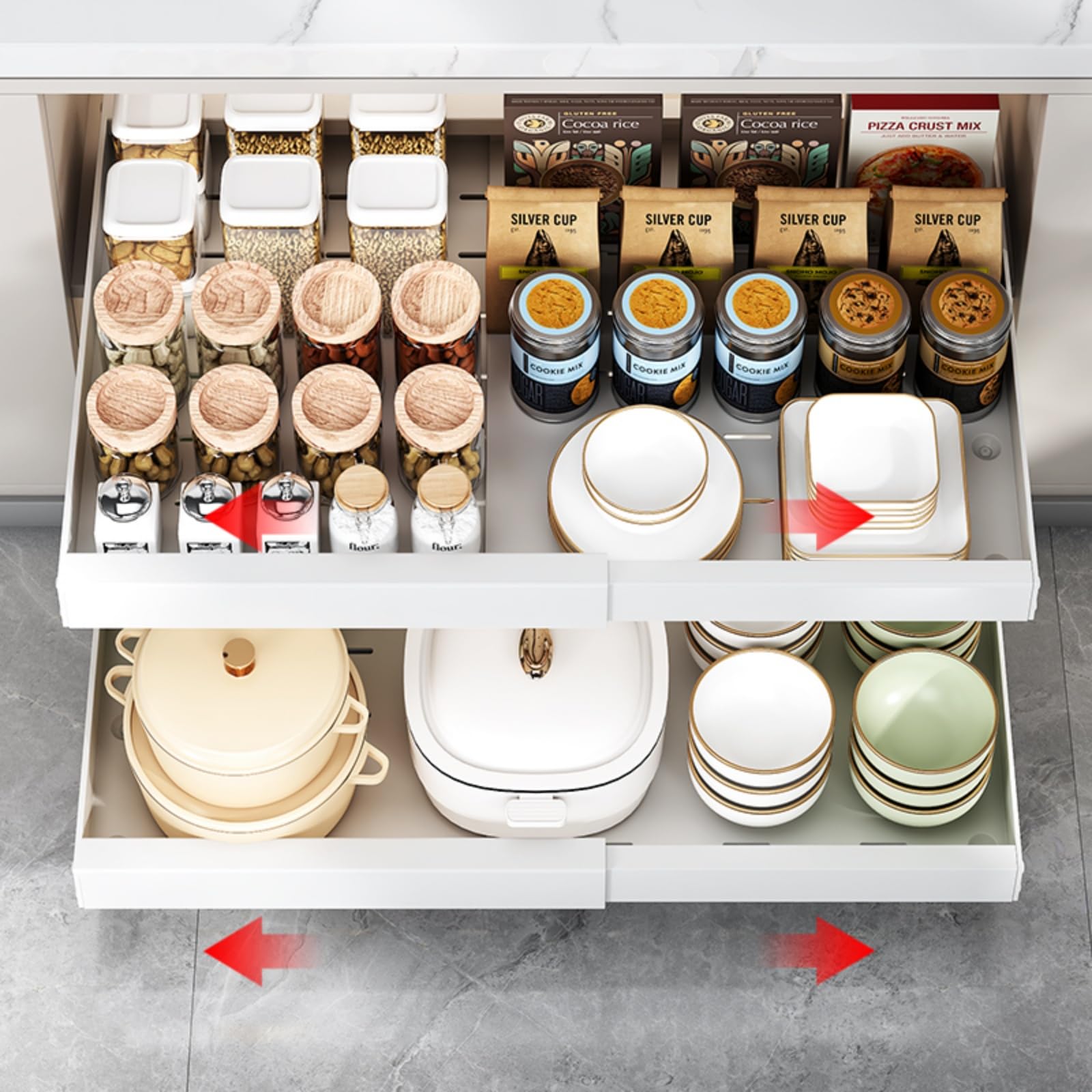 Mnftive 2PCS Expandable Pull Out Cabinet Organizer pots and pans organizer under cabinet Upgrade 3 Slide Rails Slide Out Drawers Roll Out Shelves Adhesive,Adjustable Width