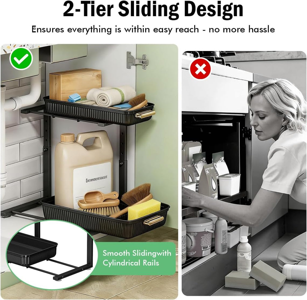 ARSTPEOE Under Sink Organizer - Multi-Purpose Pull-Out Storage Shelves | 2 Packs, Black for Kitchen & Bathroom