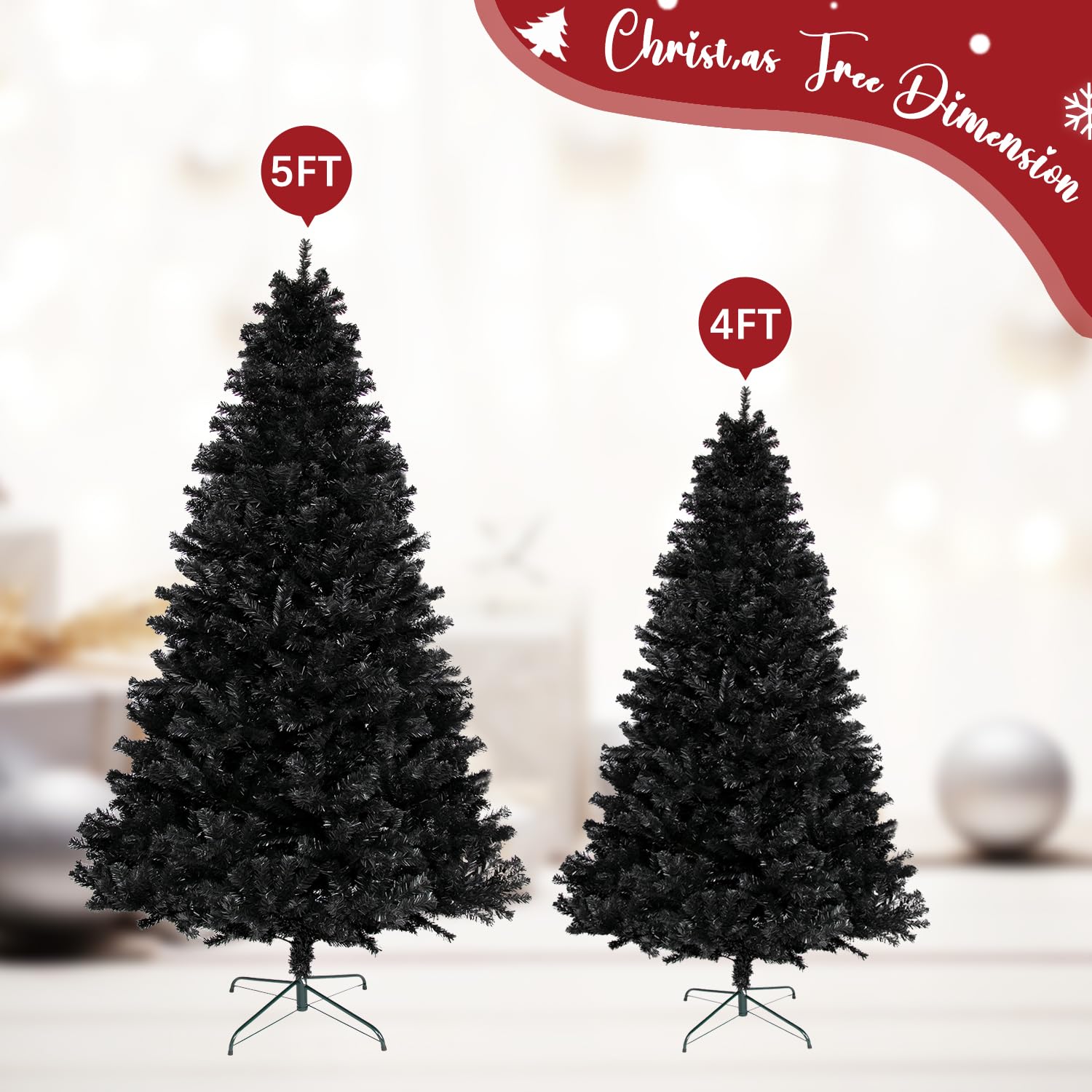 ULICO 4ft Artificial Black Christmas Tree,Premium Spruce Xmas Tree with 450 Branch Tips, Fake Christmas Tree with Foldable Metal Base Stand,Home, Office,Party Decoration