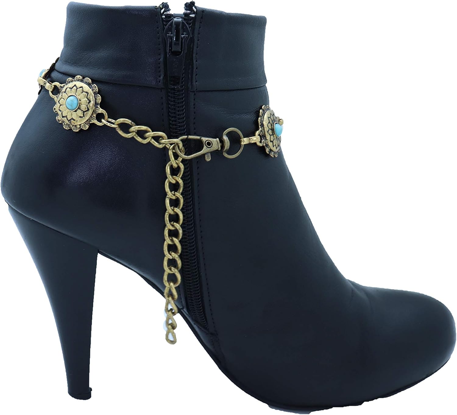 Skiennix Women's Western Antique Metal Boot Chain Anklet - Turquoise Blue Bead Flower Charm
