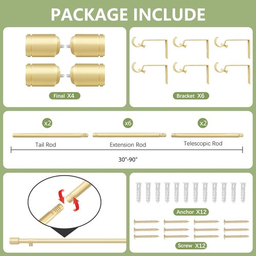 Gold Adjustable Curtain Rods by [Brand Name] - 30-90 Inch for 30-84 Inch Windows | 2 Pack with Brackets