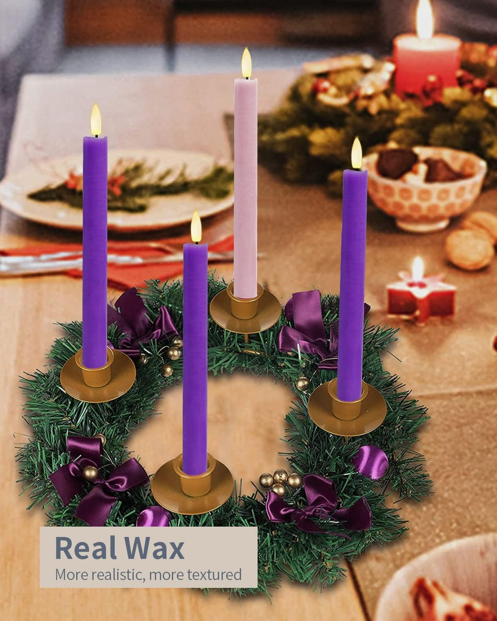 SHYMERY Flameless LED Taper Candles - Real Wax, Battery Operated, Remote Timer | Set of 4 Purple & Pink