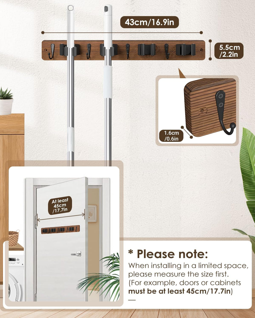 Skiennix Broom Holder - Wall Mounted Mop Organizer with 4 Holders & Hooks | Natural Pine Wood