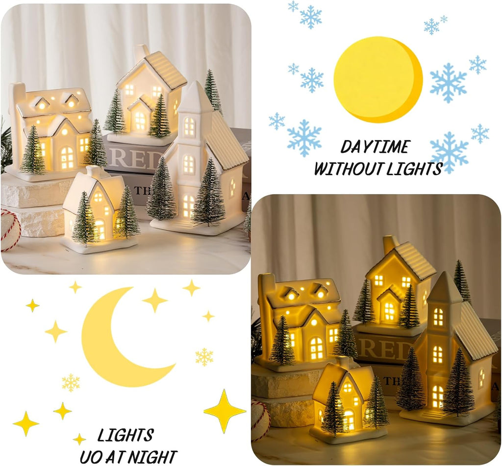 Skiennix Ceramic Christmas Village Set - 4 Pcs LED Porcelain Houses with Xmas Trees | White Snow Scene Decor
