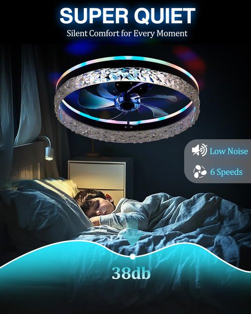 20" Bladeless Ceiling Fan with RGB Light and Remote/APP Control, Flush Mount Ceiling Fans Light with Reversible Mute Motor, Low Profile Enclosed Ceiling Fan for Bedroom/Kids Room/Kitchen (Black)