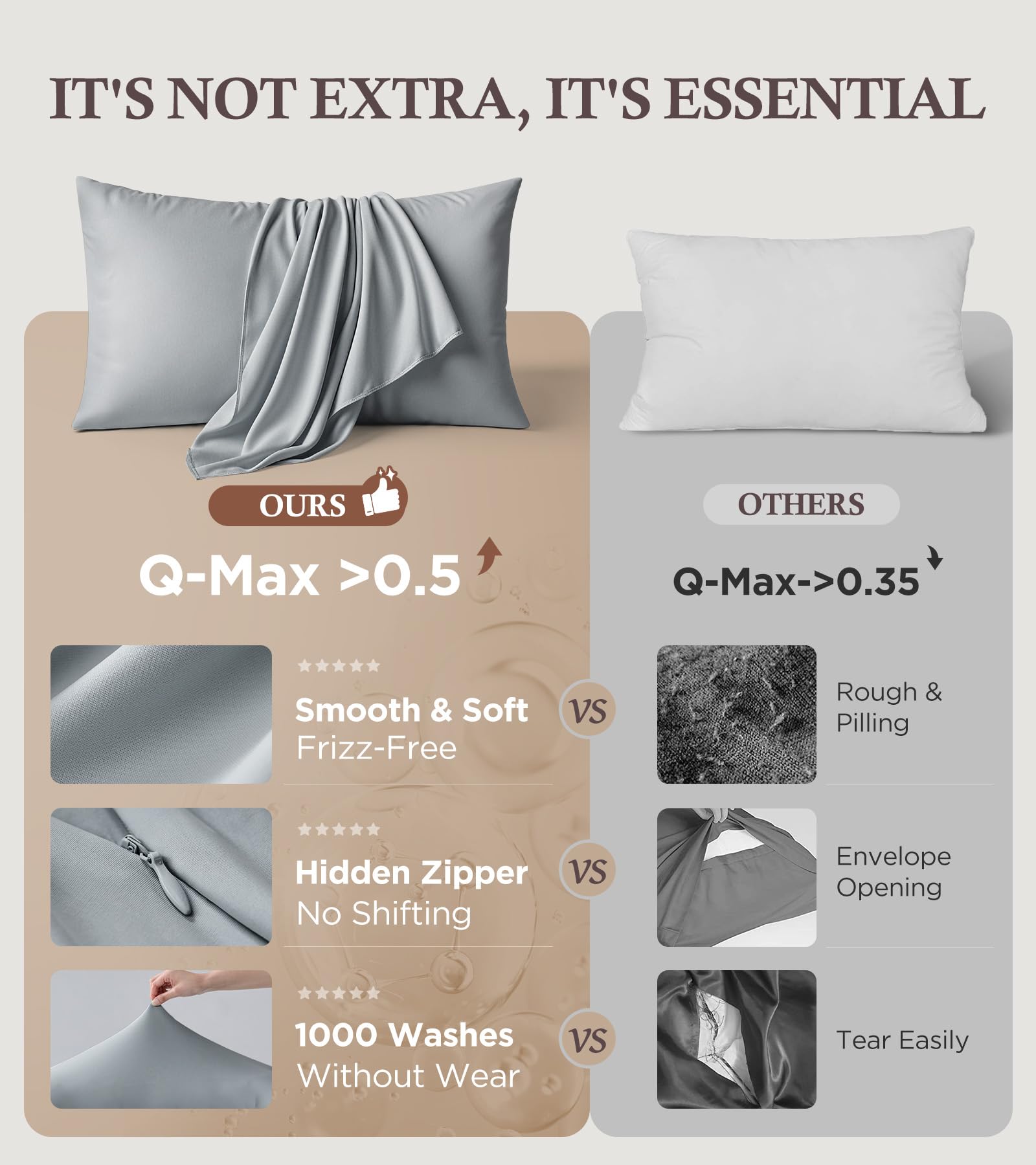 Instant Chill Cooling Pillowcase for Hot Sleepers, 2% HA Infused Pillowcase Hydrates Skin & Hair, Reduces Wrinkles & Frizz, Softer Than Silk Pillow Cases, Pillow Covers Standard (Light Gray, 1 Pack)