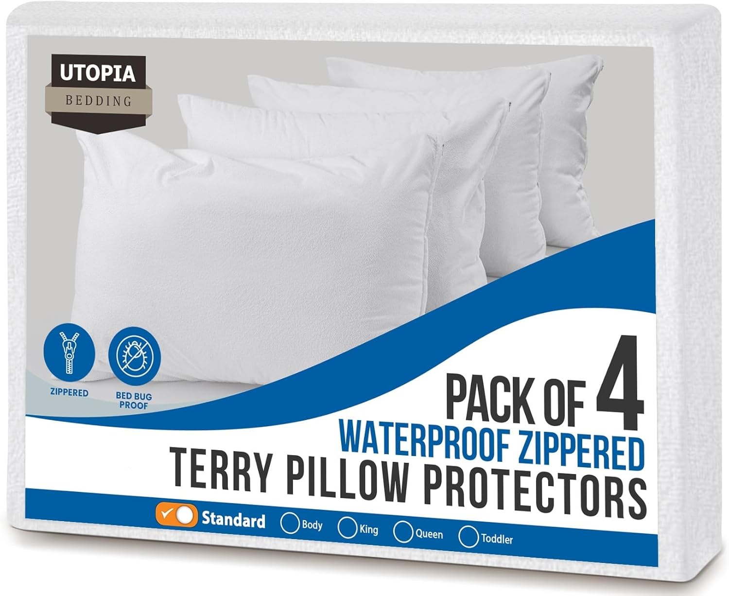 Utopia Bedding Waterproof Pillow Protectors - Set of 4 Standard Size Terry Covers | Bed Bug & Dust Mite Proof