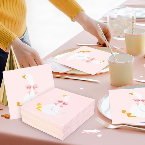 FYSUIMU Paper Napkins - 50 Pcs Cute Pink Bow Goose Design for Birthday & Baby Shower Parties