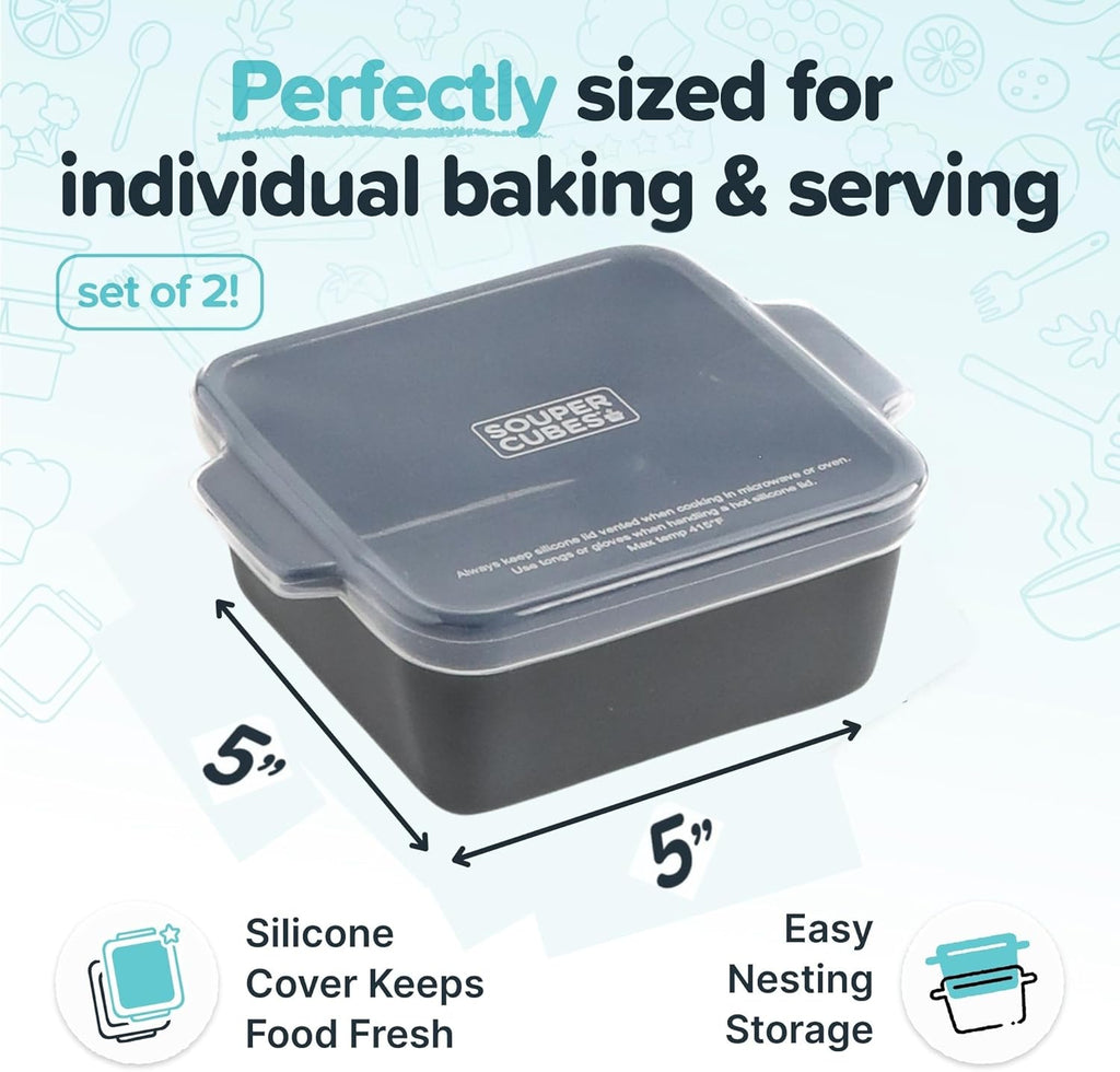 Souper Cubes Stoneware | Premium 5" x 5" Mini Baking Dishes with Silicone Covers - Set of 2, Charcoal