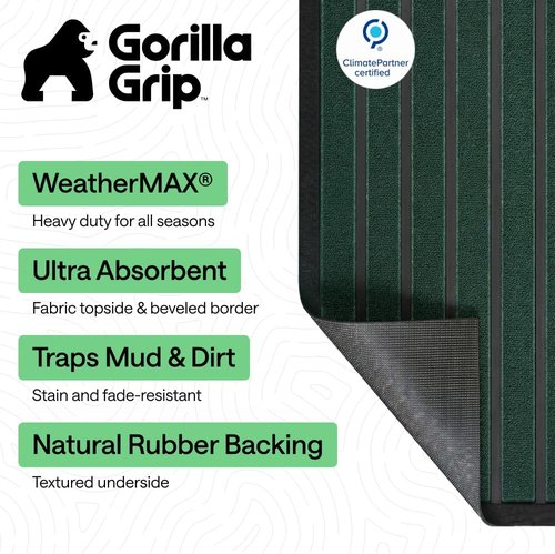 GORILLA GRIP Waterproof All-Season WeatherMAX Doormat - Natural Rubber, Stain & Fade Resistant, 29x17, Green Stripe
