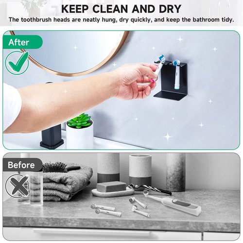 Electric Toothbrush Head Holder, Oukimly Toothbrush Holder Wall Mounted or Desktop, Metal Tooth Brush Holder, Shower Brush Head Holder, Electric Toothbrush Holder for Bathroom (Black, Small)